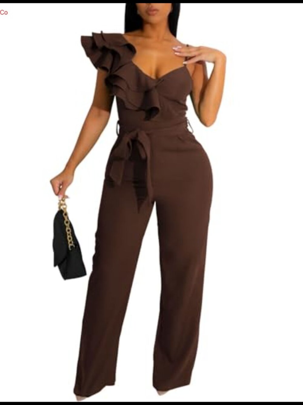 Womens Ruffle One Shoulder Wide Leg Belted Jumpsuit V-Neck Sleeveless Cocktail